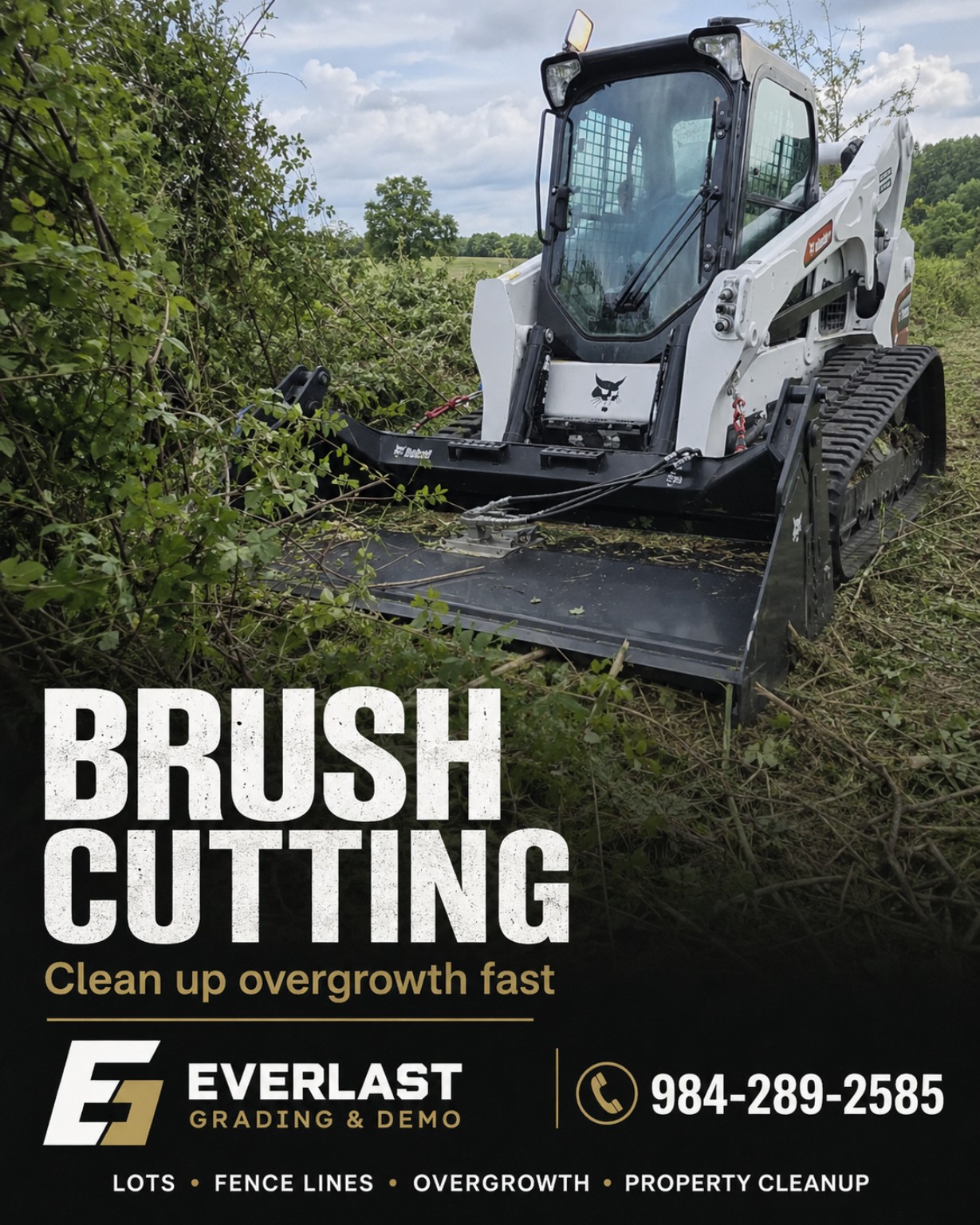 Bobcat compact track loader cutting dense brush and overgrowth