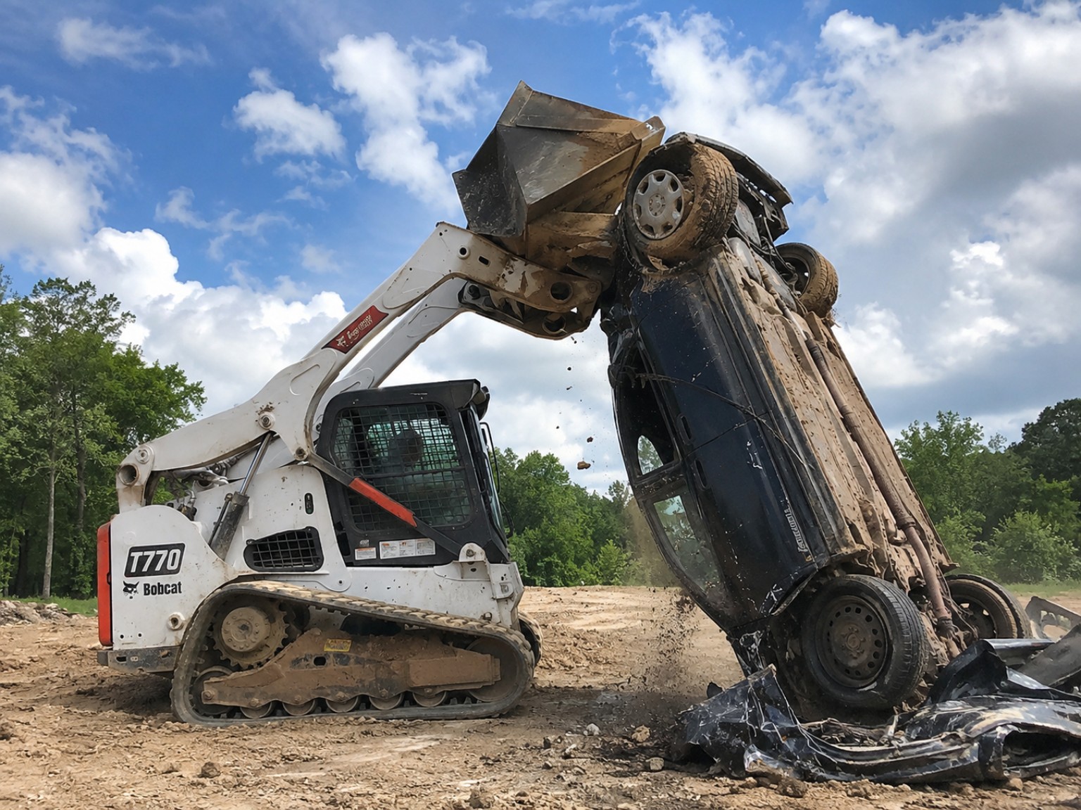 Bobcat compact track loader lifting a demolished vehicle during cleanup