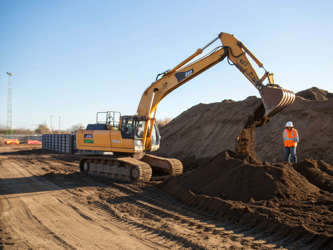 Excavator on graded terrain
