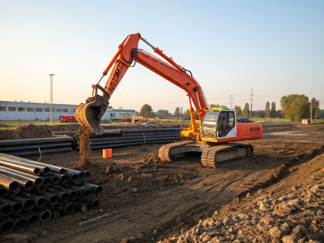 Excavator working on graded terrain